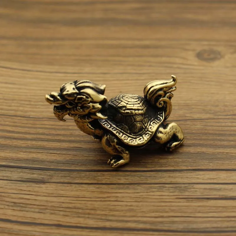 Solid Brass Xuanwu Dragon Turtle Small Ornament Pet Tea Desk Decoration Antique Animal Miniatures Figurines Home Accessories