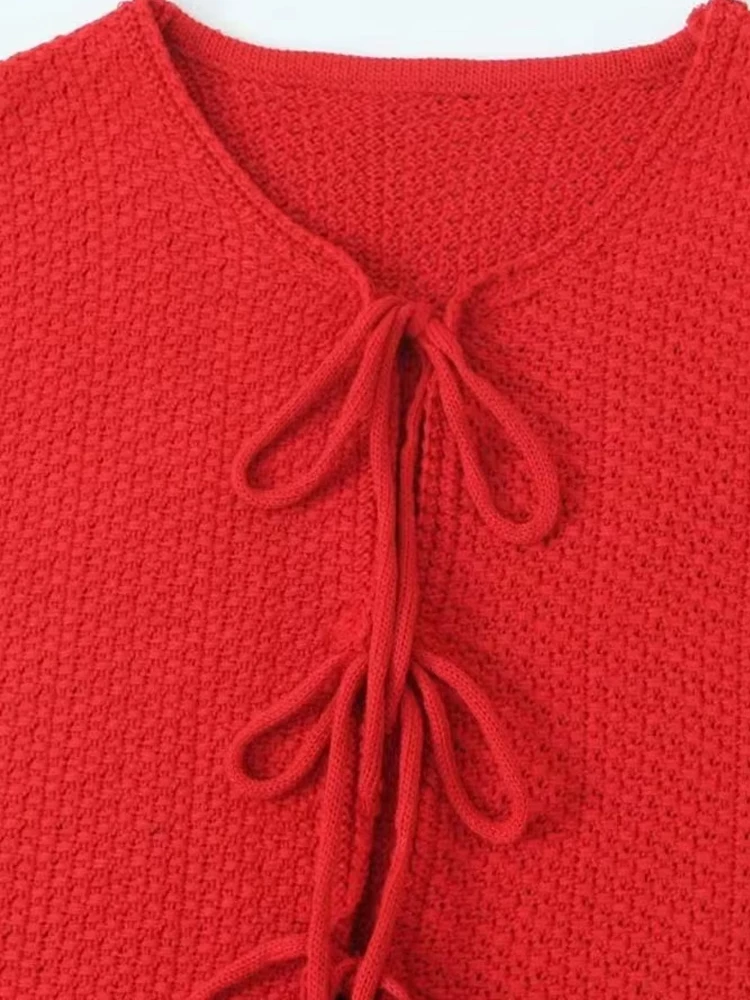 Damska dzianinowa kamizelka z wiązaniem, dekolt okrągły, sweter bez rękawów, damska kamizelka, eleganckie topy, moda