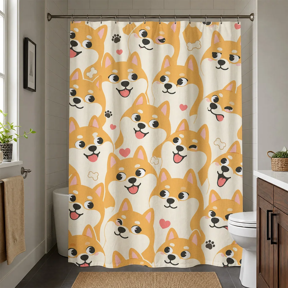 Cute Shiba Inu Dog Shower Curtain Waterproof Bathroom Decor Funny Puppy Pattern Shower Curtain Liner
