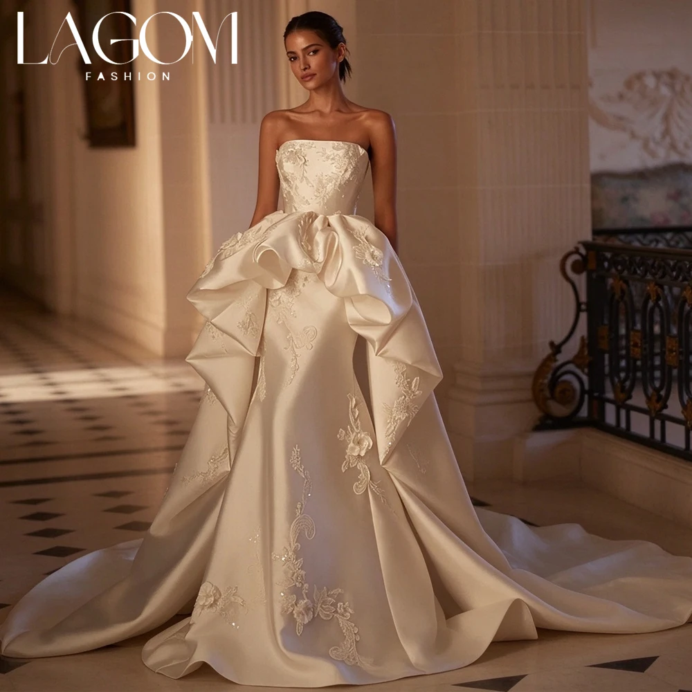 Lagom Elegant Exquisite Strapless Satin Mermaid Wedding Dress 3D Floral Appliques Big Train Ivory Vestidos De Novia Customized