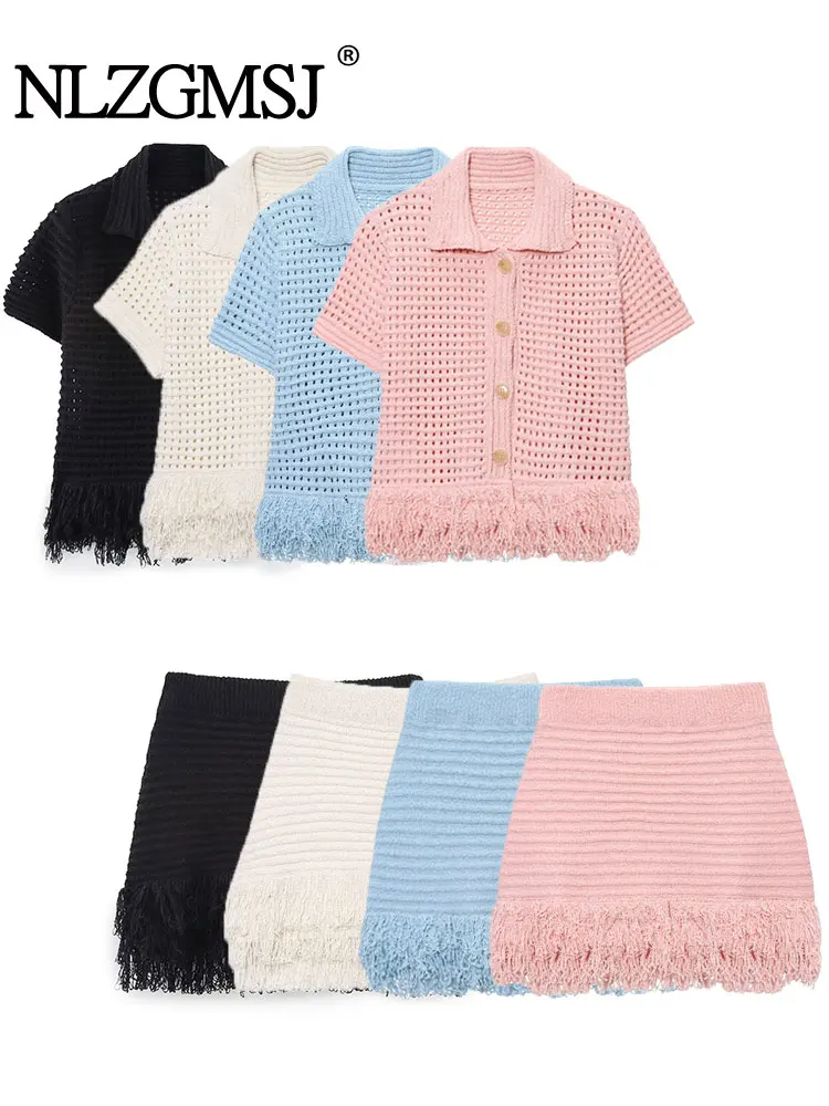 

2025 Summer Casual Party Chic Women Knitted Suit Plaid Tassel Single Breasted Straight Top Mini Skirt Fashion Suit