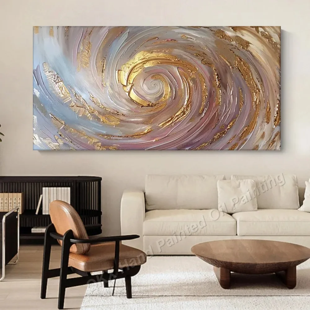 Luxury Gold Foil Swirl Impasto Handmade Oil Painting on Canvas Horizontal Wall Art Decor for Living Room