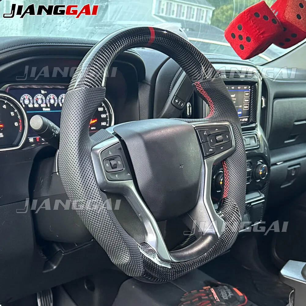 

HandMade Carbon Fiber Car Sports Steering Wheel Fit For Chevrolet Silverado 1500 2500 3500 2020+ Accessories Black Leather