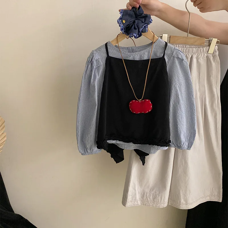 

Новая осенняя полосатая рубашка для девочек, однотонная майка2025, универсальные свободные повседневные широкие брюки, комплект из трех предметов