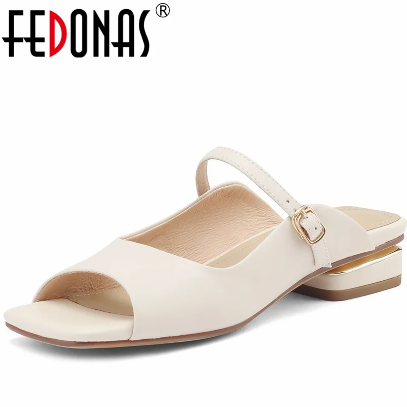 FEDONAS Fashion Peep Toe Women Sandals Thick Heels 2024 Summer Slippers Shoes Woman Genuine Leather Casual Office Working Pumps