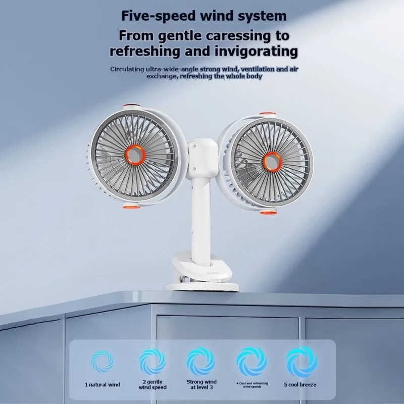 

KEOL-USB Mini Fan Dual Head Control Featuring Night Light Clip For Office And Outdoor Use