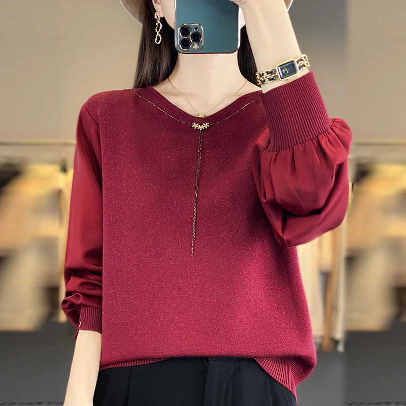 

Knitted Pullovers Autumn Winter Women Sweaters Fashion Shiny Loose Long Sleeved Tops Chiffon Patchwork Sweaters