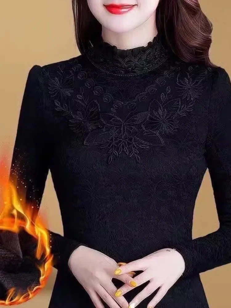 女性のフリース裏地レースベースシャツルーズプラスサイズ痩身暖かいトップ厚みのある秋冬新スタイル韓国スタイル