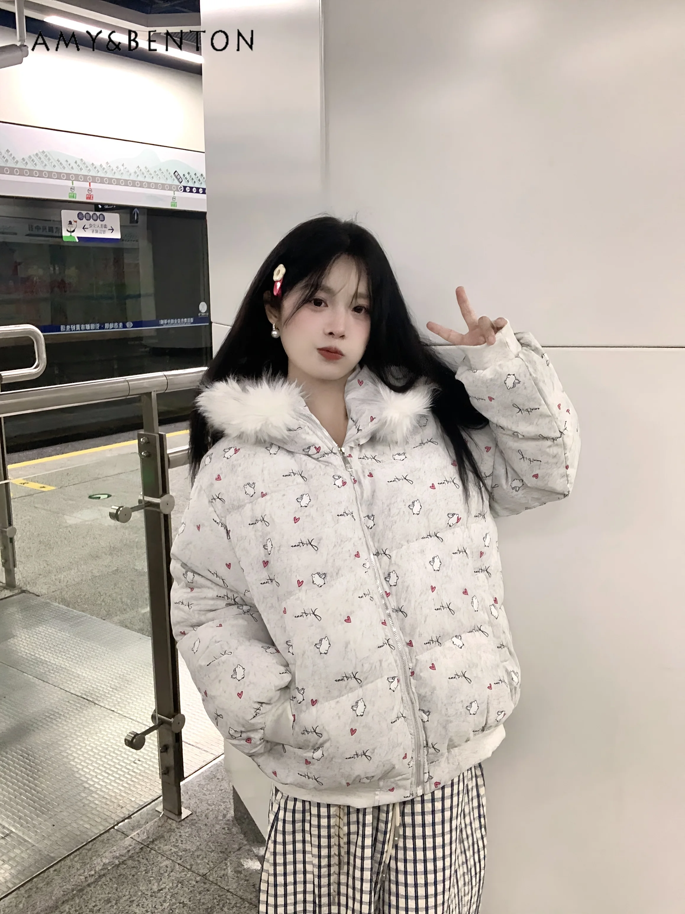 

Winter New Gray Cute Cartoon Print Thickened Cotton Jacket for Women Short Casual Fur Collar Hooded Cotton Coat