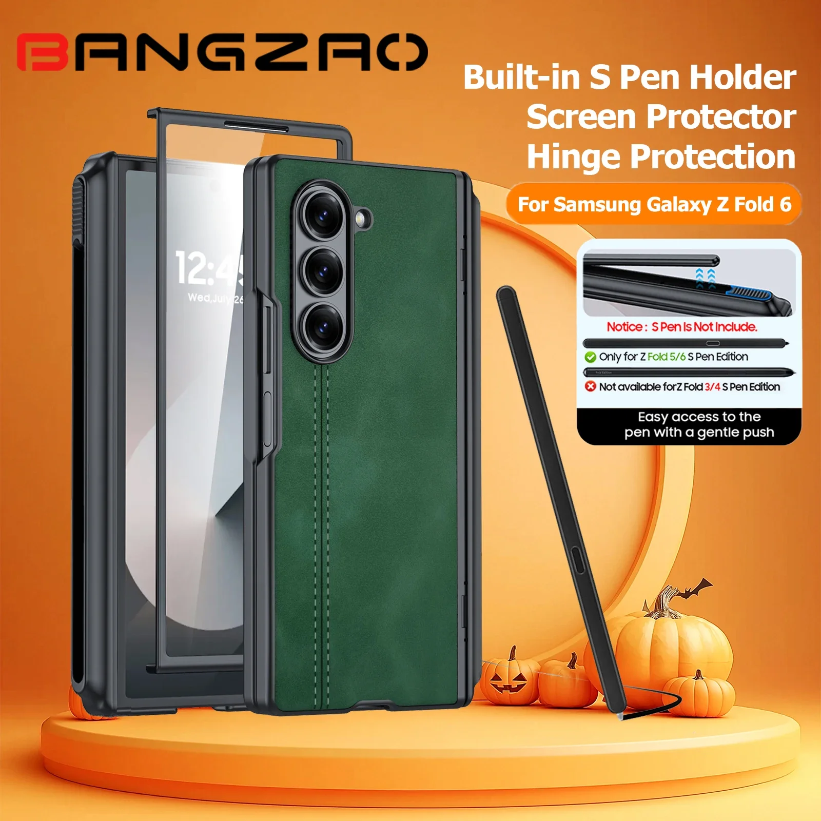 

Подарки на Хэллоуин для Galaxy Z Fold 6, чехол для ручки, защита от подшипников, интегрированная пленка, кожаный защитный чехол от падения, зеленый