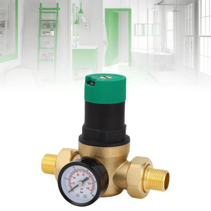 

Регулятор давления воды с манометром 0-60 МПа, латунный редуктор давления воды для очистителя, нагревателя, смесителя, 3/4 дюйма (DN20)