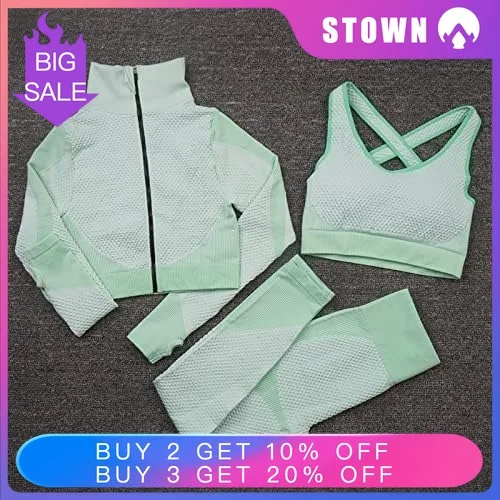 

Women's 3PC Seamless Gym Clothing Workout Outfit with Jacket Bra & Leggings Set Three-piece Yoga Suit for Sports Fitness