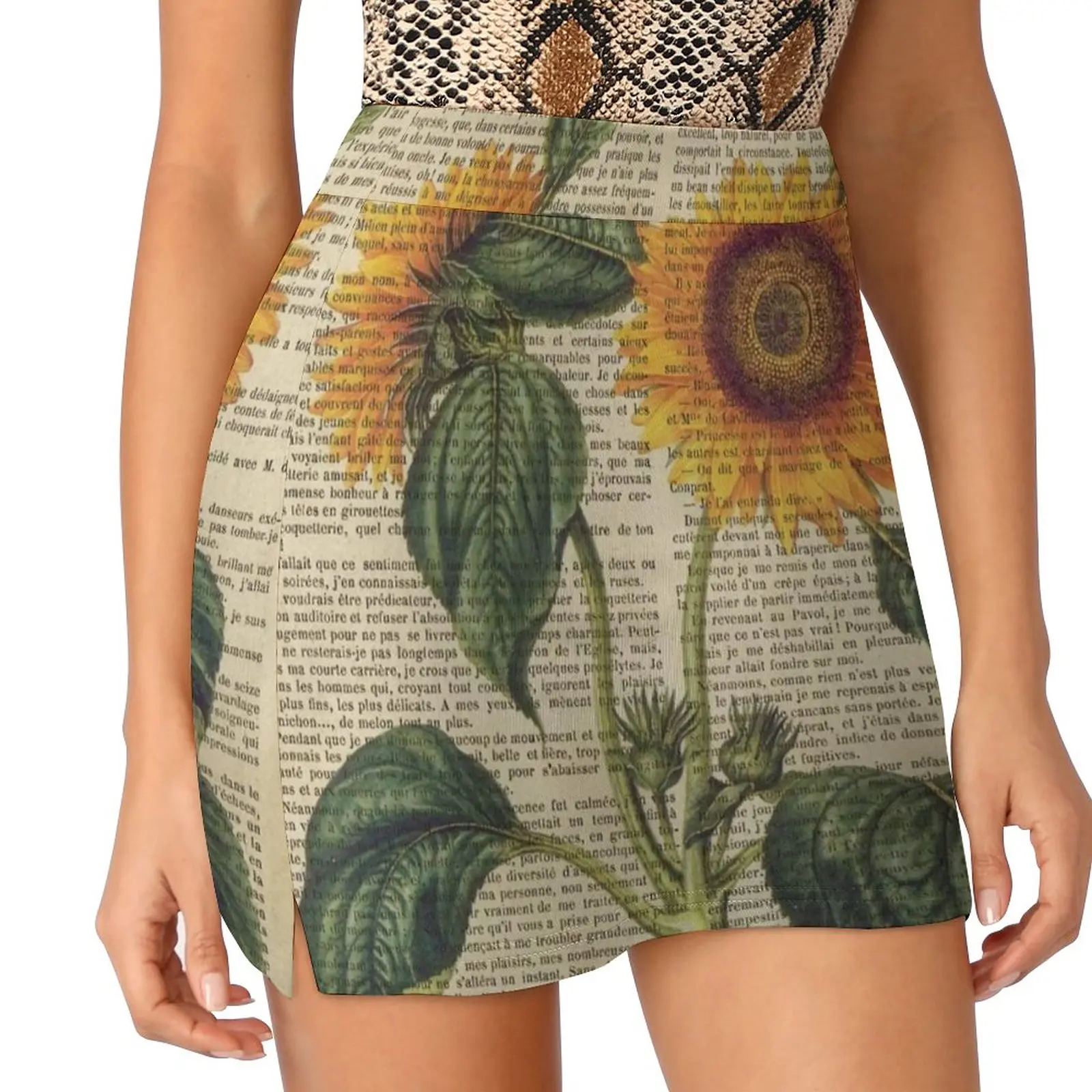 Botanical Print , On Old Book Page-Sunflower Skirts Woman Fashion 2022 Pant Skirt Mini Skirts Office Short Skirt Botanical On