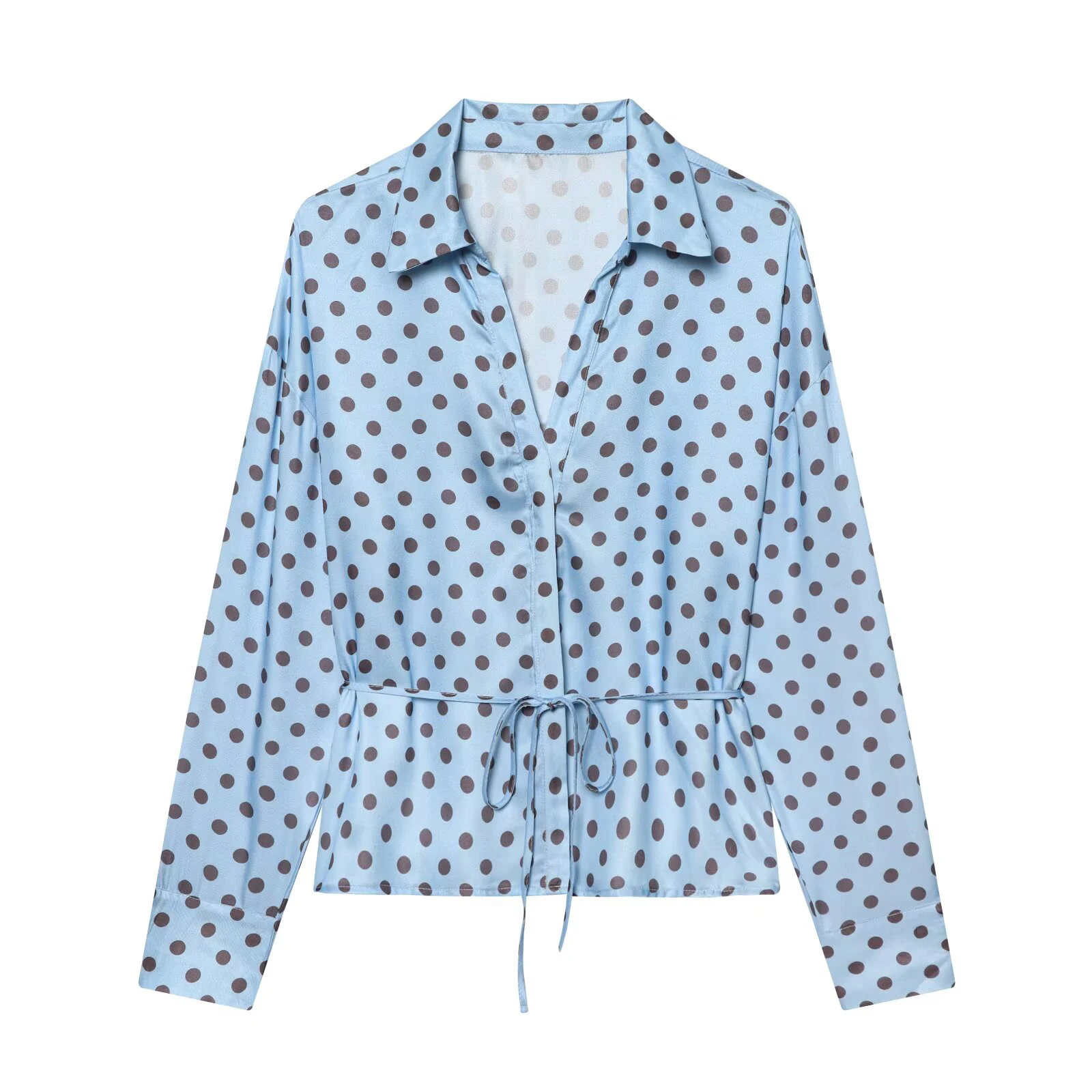 Chemise en satin à pois, style européen et américain, nouvelle collection printemps, pour femme, style commuting, manches longues, col à revers, avec ceinture.
