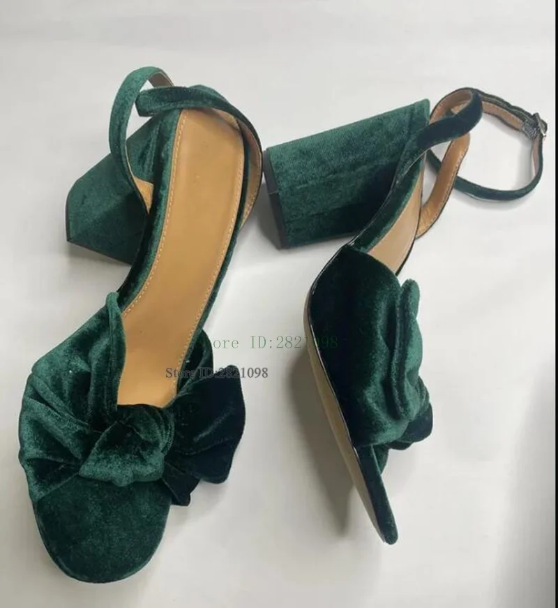 Green Velvet Knotted Peep Toe Sandal Ankle Tie Block Heels Ankle Strap Summer Shoes Woman Ankle Wrap High Heel Party Shoes