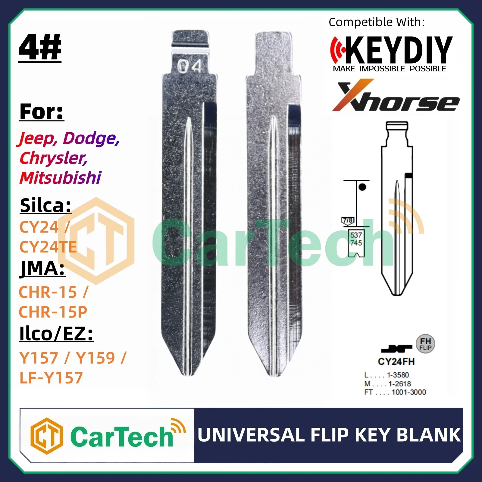 Cartech  04# Uncut Flip Blank Key Blade for KEYDIY KD XHORSE VVDI Universal Remote Fit Jeep Dodge Chrysler Mitsubishi