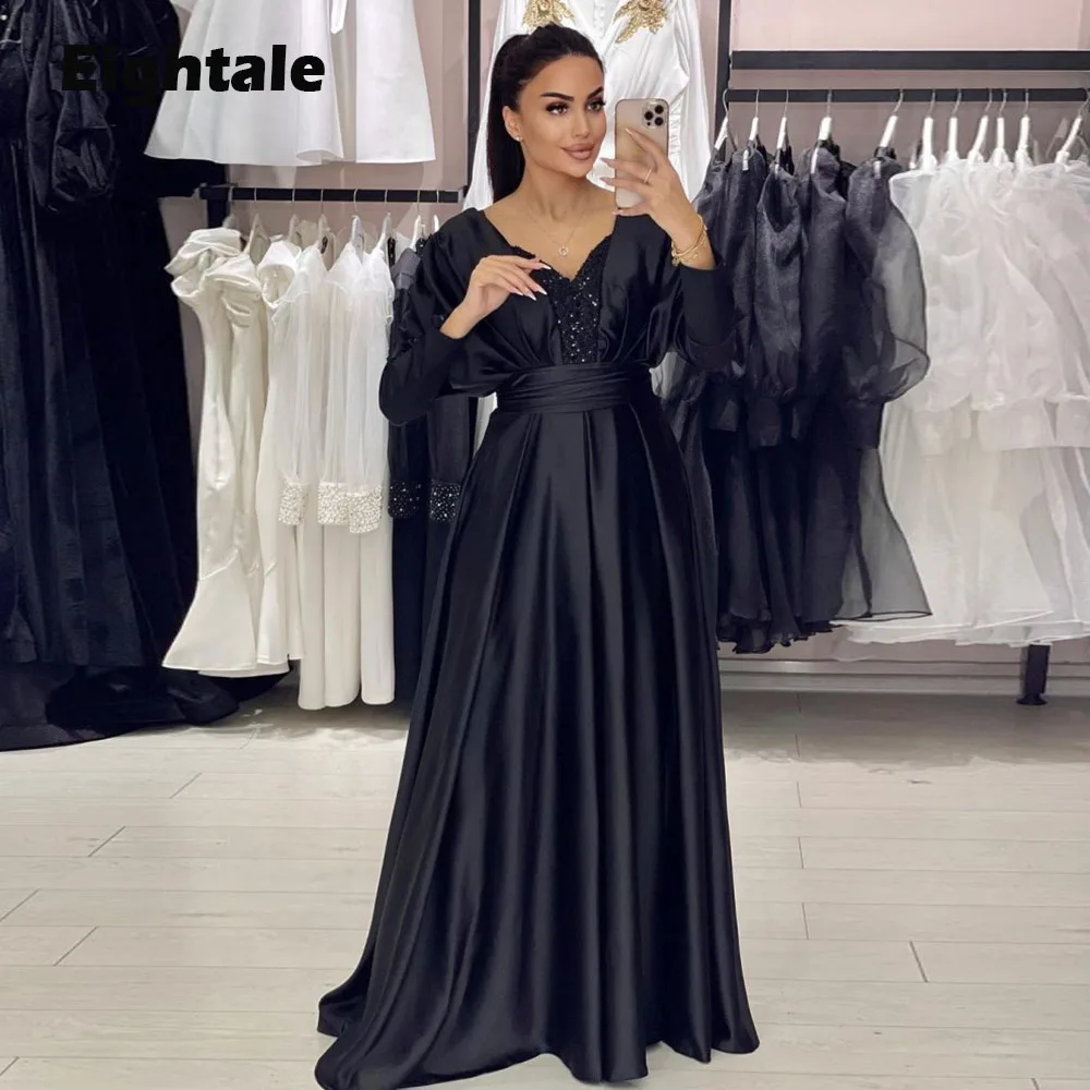 

Eightale Formal Evening Dresses for Wedding Party Black V-Neck Satin Floor Length Long Sleeves A-Line Arabic Prom Gowns