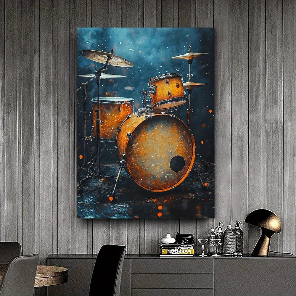 (No frame)1pc, with Frame, 12x16inch Part of a Drum Kit Against a Black Background Canvas Wall Art Percussion Instrument Deco