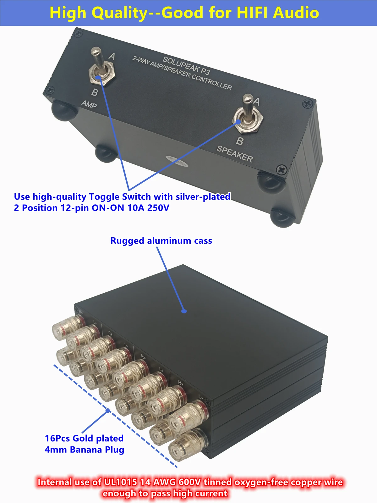 Premium 2-WAY AMP Amplifier to 2 Pair of Speaker Selector Switch Switcher Splitter Combiner box For HIFI  2 IN 2 OUT SOLUPEAK P3