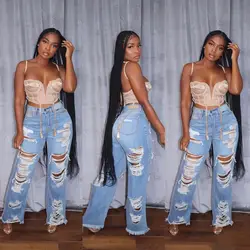 Dżinsy damskie Długie spodnie Eleganckie spodnie jeansowe Slim Fit Sexy Hole High Waist Button Pocket Straight Trousers Summer 2024