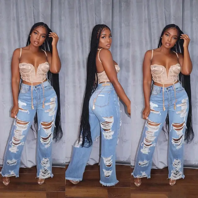 Dżinsy Damskie Długie Spodnie Eleganckie Splice Denim Pant Slim Fit Sexy Hole High Waist Button Pocket Straight Trousers Summer 2024