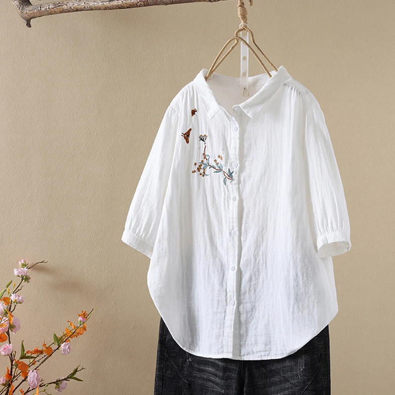 New 2026 Summer Women Cotton Yarn Half Sleeve Shirt, Turn-down Collar Embroidery, Mori Girl Fashion Soft Loose Blouse T65020CC