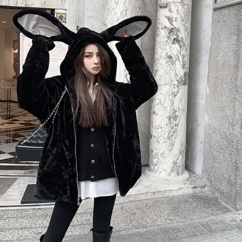 Autumn Winter Bunny Hoodie Women Zip Up Kawaii Sweatshirt Rabbit Ears Jacket Black Girls Streetwear Japanese Loose Coats