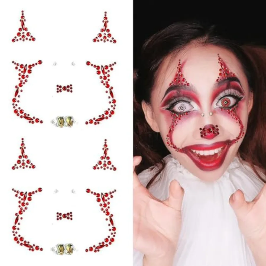 2 Packs Halloween Face Gems Jewels Tattoos Day of the Dead Skull Face Temporary Tattoos Rhinestone Crystal Body Gems Makeup Sti