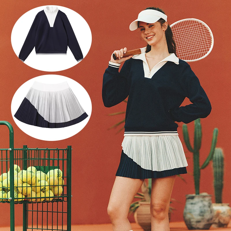 New Golf Women Sweatshirts Loose Long Sleeve Zip Tops Elastic Warm Shirts Ladies Double Layer Tennis Skirts Pleated Slim Skirts