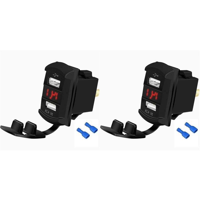 DT42-2X Marine USB Rocker Switch 12V Dual Charger Ports 4.2A Waterproof Outlet Socket Digital Voltmeter Red