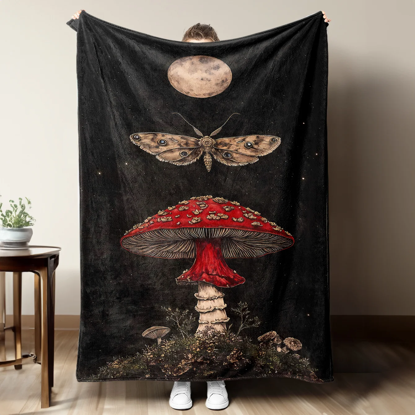 Whimsical Celestial Mushroom Moth Flannel Throw Blanket for Home Decor Boho Aesthetic Cozy Polyester Gift for Cottagecore Vibes