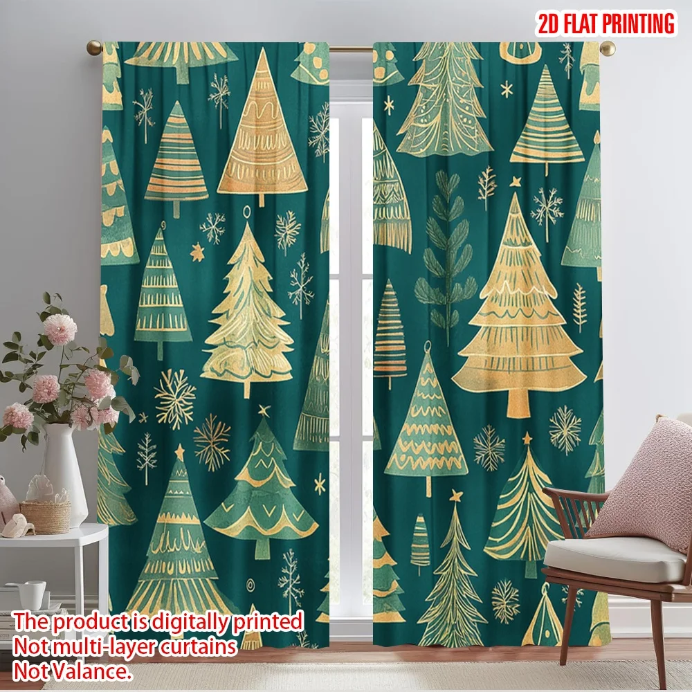 2pcs,2D plane printing Popular Curtain Panels christmas trees vintage Versatile 100% Polyester (without rod) Gifts Ldeal for
