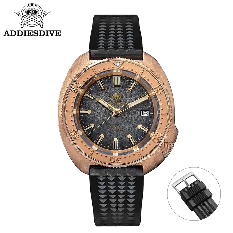 ADDIESDIVE AD2097 Taucheruhr, NH35A-Uhrwerk, Bronzegehäuse, Kautschukarmband, 120 Zähne Lünette, Saphirglas, 100 m wasserdicht, leuchtendes Zifferblatt 6
