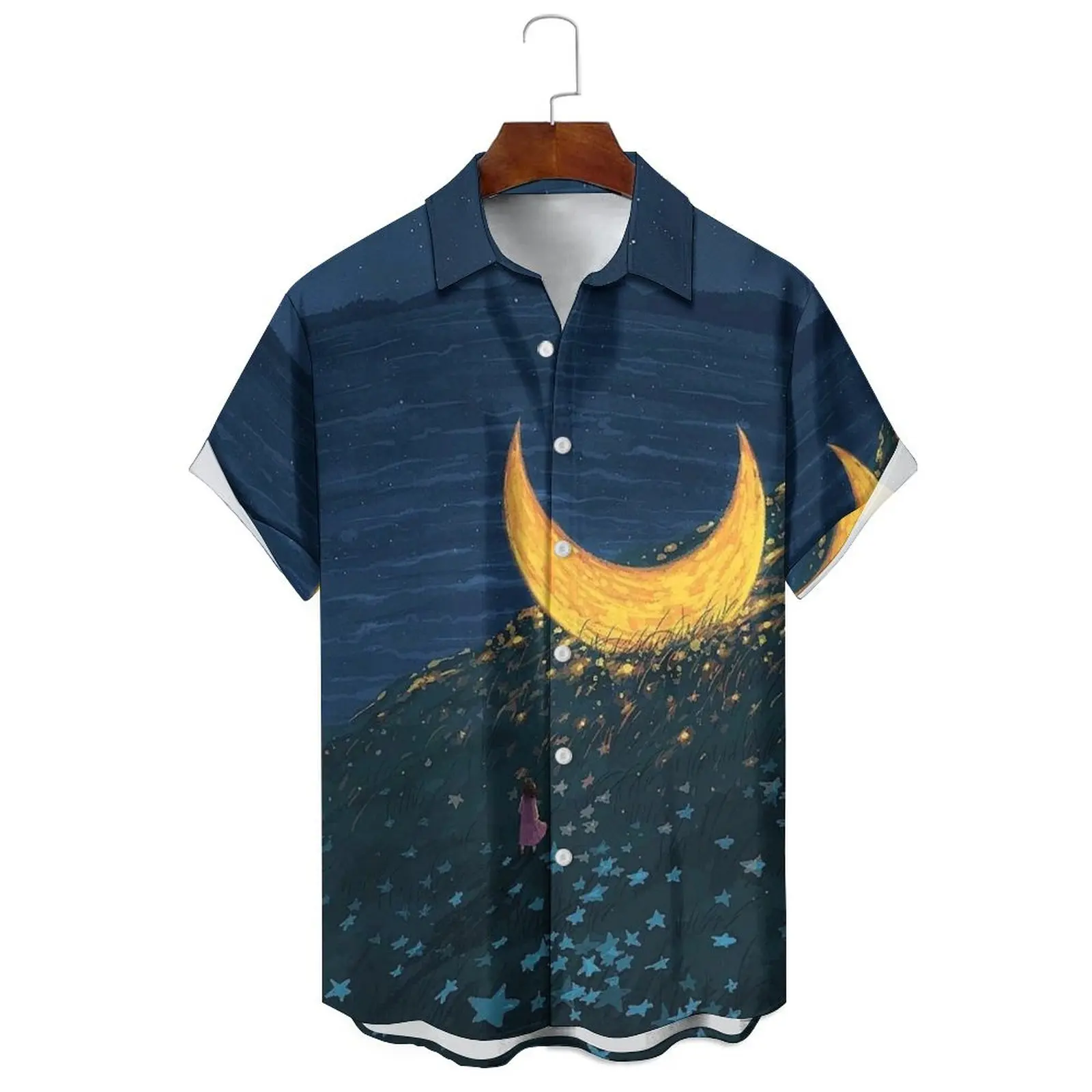 Small Fresh Simple Oil Painting Comic Style Summer Men's/Women's Fashion Loose Casual Printed Lapel Short-Sleeved Shirt