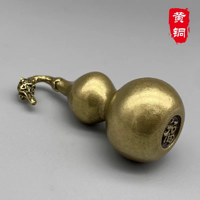 Solid Brass Faucet Gourd Ornament with "Fu" Character Base for Office Desk, Entryway