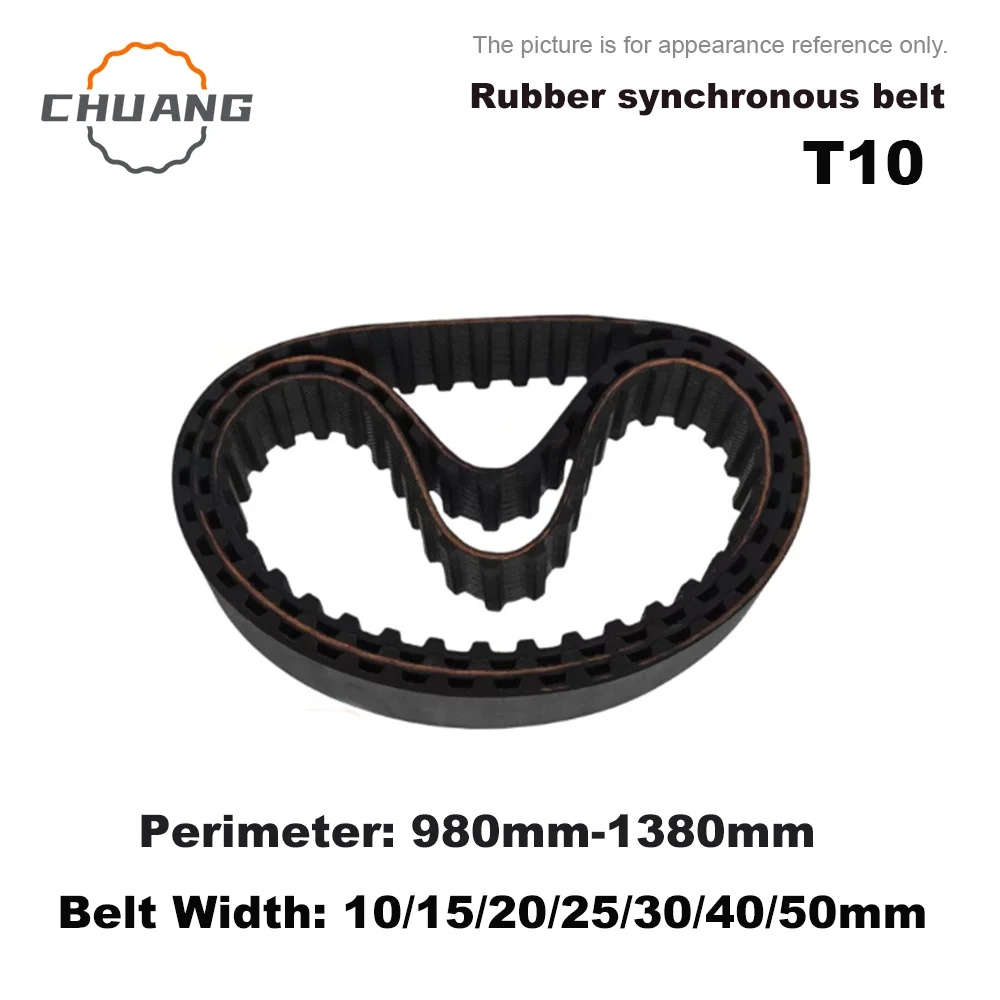 

T10 Perimeter: 980mm-1380mm Belt Width: 10/15/20/25/30/40/50mm T10 Rubber synchronous belt trapezoidal toothed transmission belt