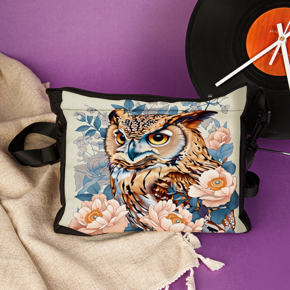 Owl Floral Print Crossbody Bag Beige Owl And Flowers Pattern Shoulder Bags For Women Casual Outdoor Travel Shopping Everyday Use