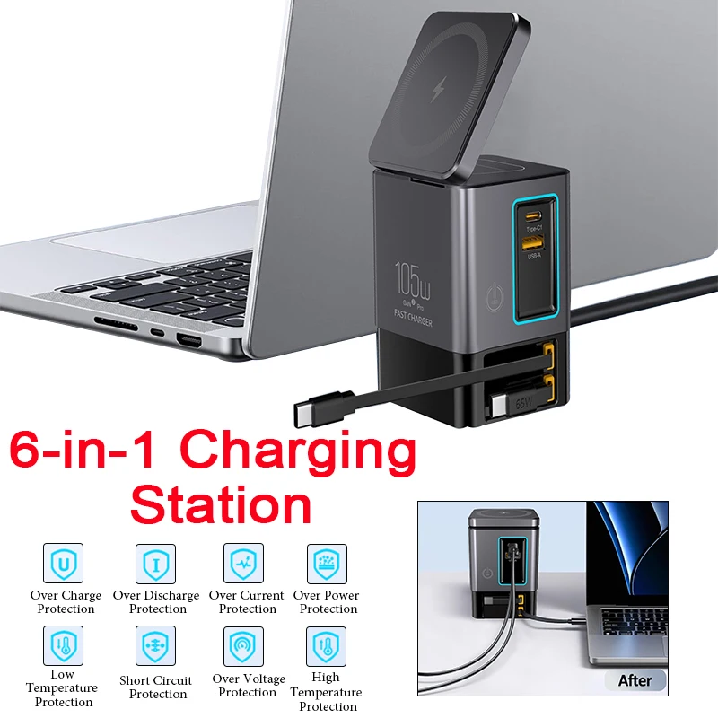 105W Tower 6-in-1 Multi-Port Desktop Charging Station with Dual Retractable Cables USB-C Port Multi-functional Desktop Charger