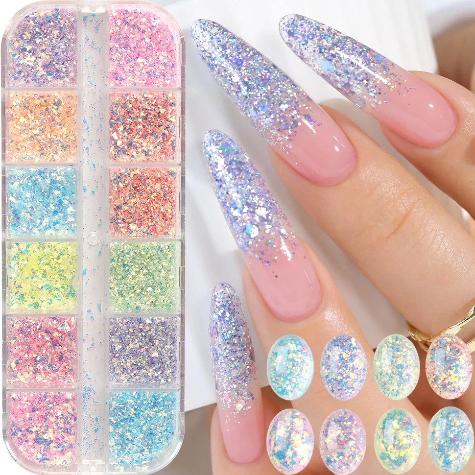 12 Farben Aurora Opal Nagelglitzer-Set Schillernde Holographische Grobe Pailletten Regenbogen-Schimmer Nagelkunst-Dekoration Maniküre