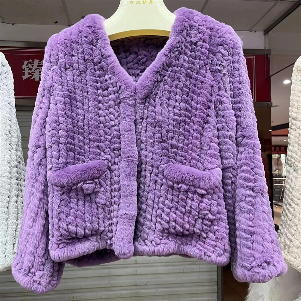 

2023 Sweet Style Real Rex Rabbit Fur Jacket For Women Autumn Winter V Neck Long Sleeve Double-Sided Woven Fur Coat Y3109