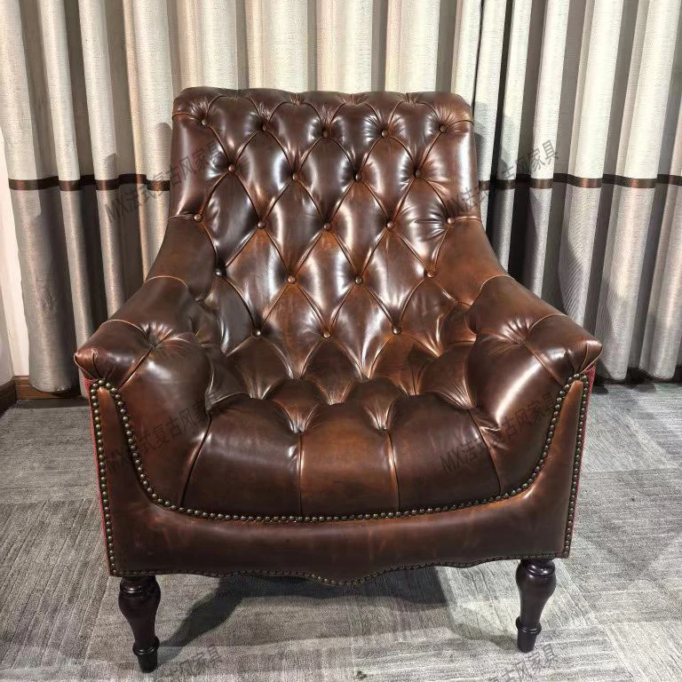 

American Classic Rivet Leather Armchair, Vintage Waxed Genuine Leather Single Sofa, Retro Cigar Bar Leisure Meeting Chair