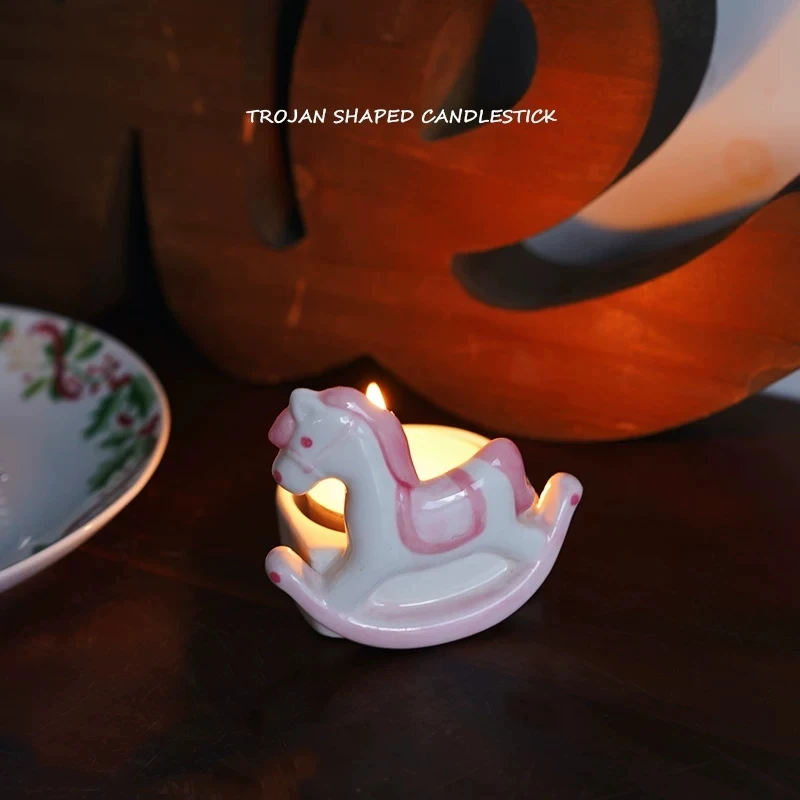 Childhood Friend Hand-painted Ceramic Pink Horse Candlestick Children's Party Dinner Candlelight
