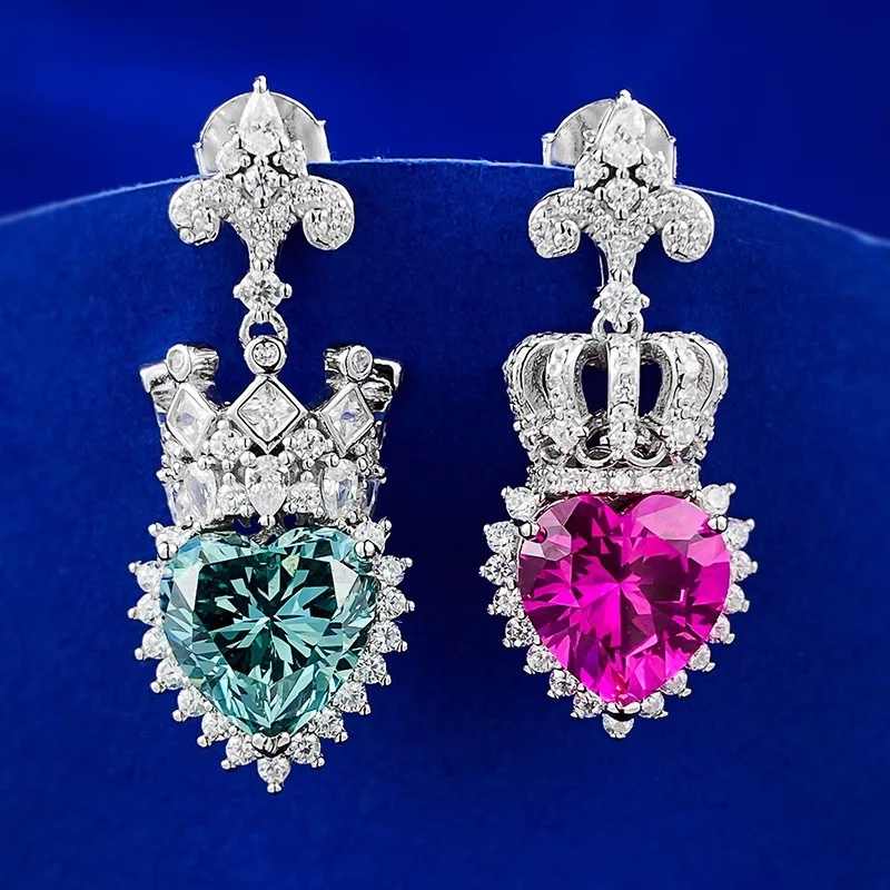 ZOCA Luxury Baroque Style Crown S925 Sterling Silver Drop Earrings Purple Zirconia Love Heart Pierced Ear Fine Jeweley