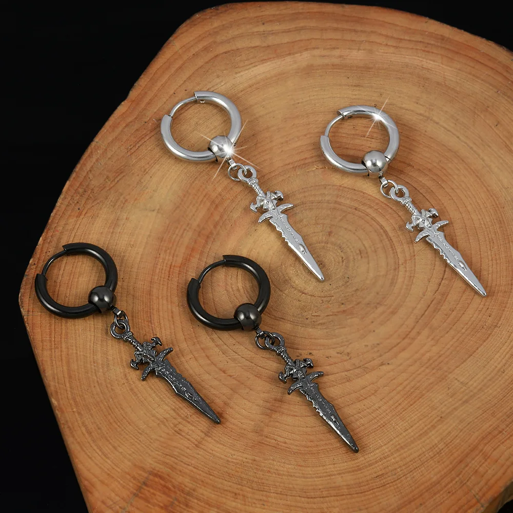 WKOUD 1Pair Stainless Steel Vintage Cool Sword Earrings Female Punk Ear Hoops For Womens Mens Jewelry Long Unique Dangle Drop image 6