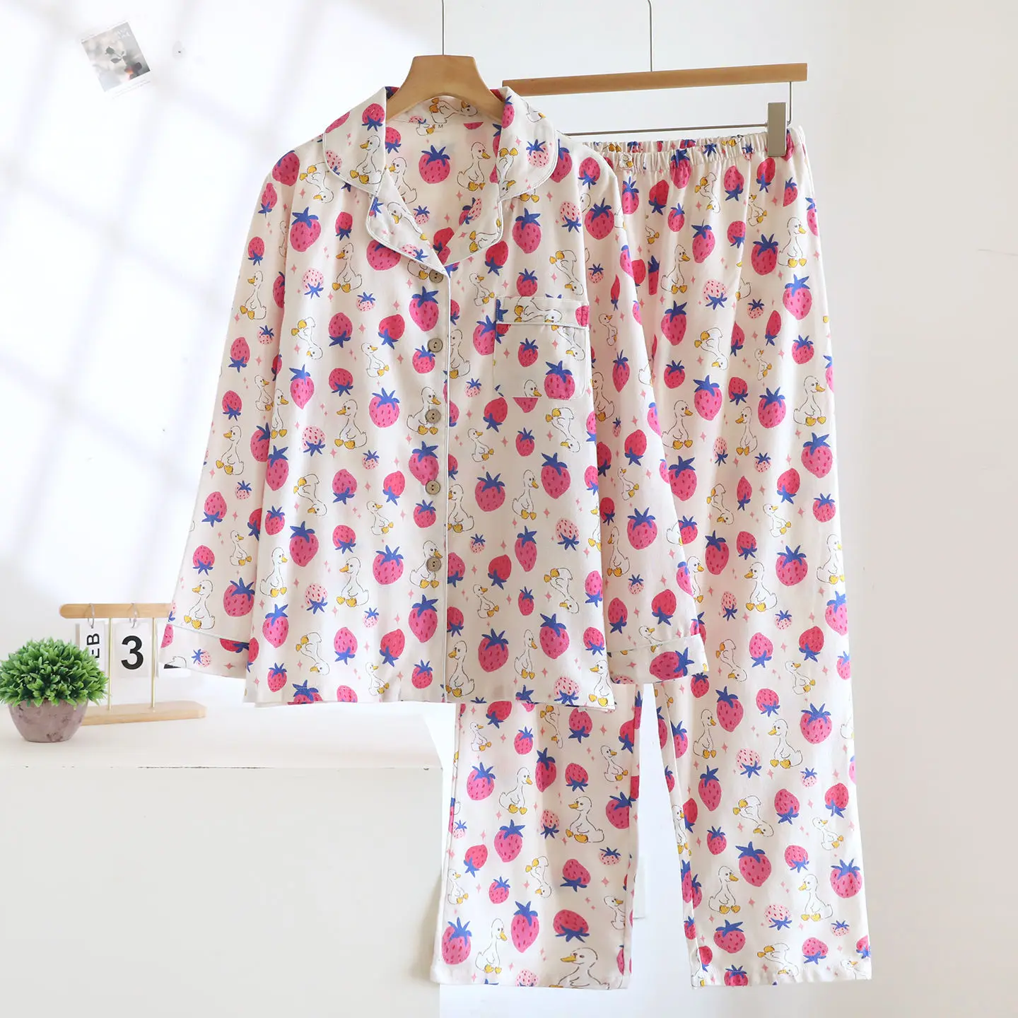 

Pure cotton brushed warm pajamas sets women spring casual sleepwear long-sleeve sweet cute pyjamas