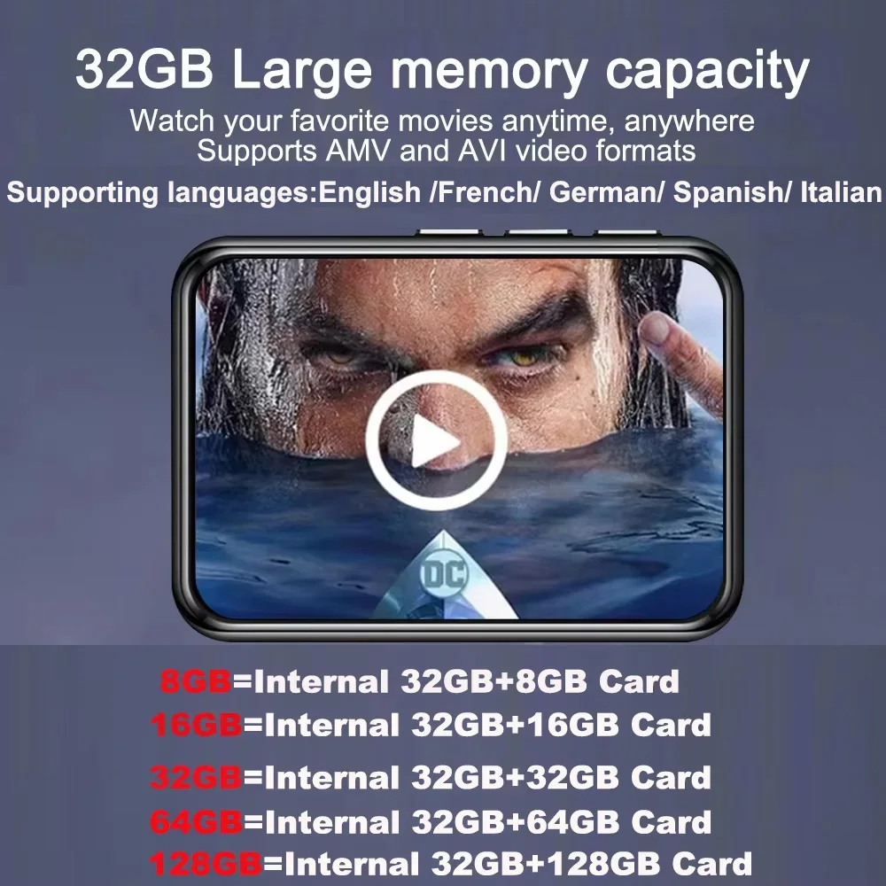 مشغل Mp3 8-128 جيجابايت، شاشة لمس 2.4 بوصة مع مشغل MP3 BT 5.0 مع مكبر صوت مدمج 32 جيجابايت، مكبر صوت عالي الدقة يدعم تسجيل الصورة والصوت