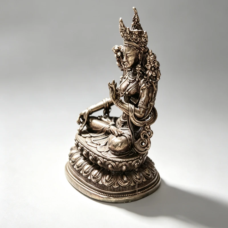 Antique Silver Finish White Tara Buddha Statue, Tibetan Longevity Goddess Sculpture for Meditation Shrine Home Ornament