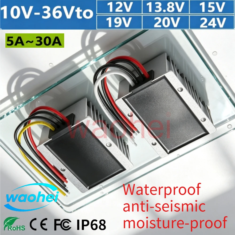 9-36V to 12V 13.8V/15V/19V 20V/24V Power Supply Regulator Module 5A-30A Car Voltage Regulator DC-DC Buck-Boost Waterproof ROHS