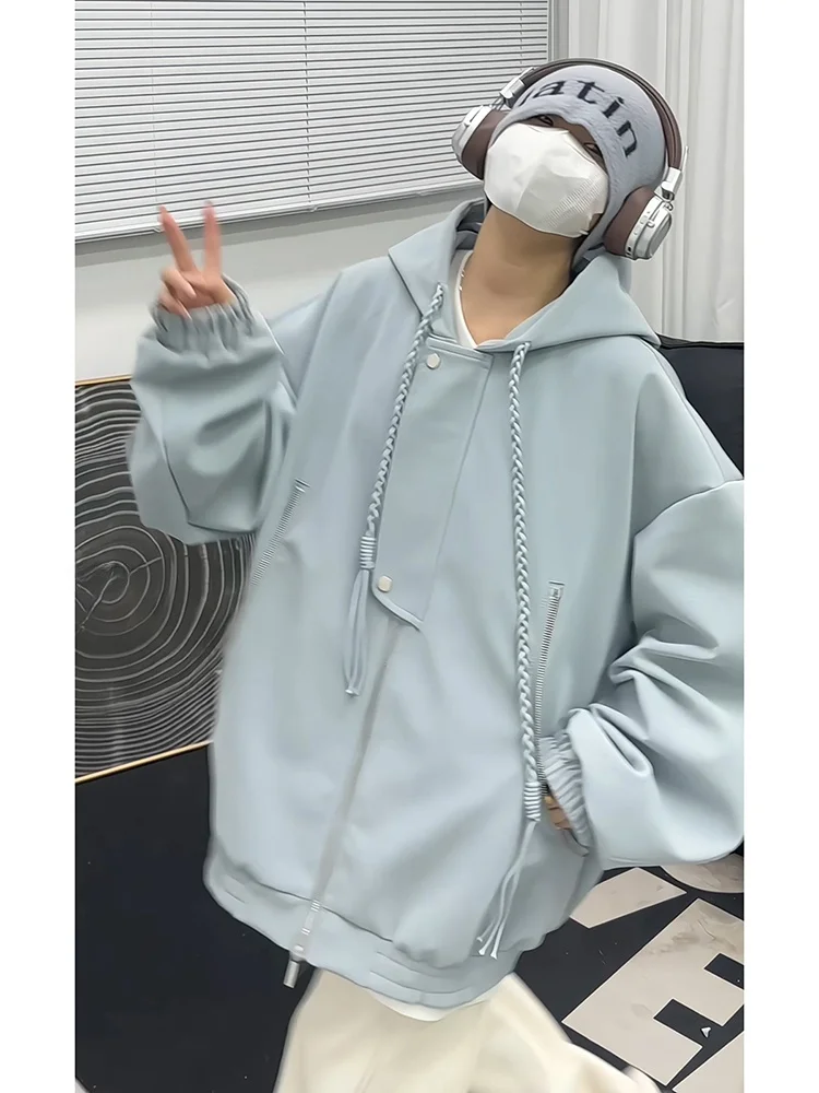 

Blue Hooded Leather Jaet Men's High-End Sli Workwear Couple's Outerwear ort Bomber Baseball Sle Casual Faion