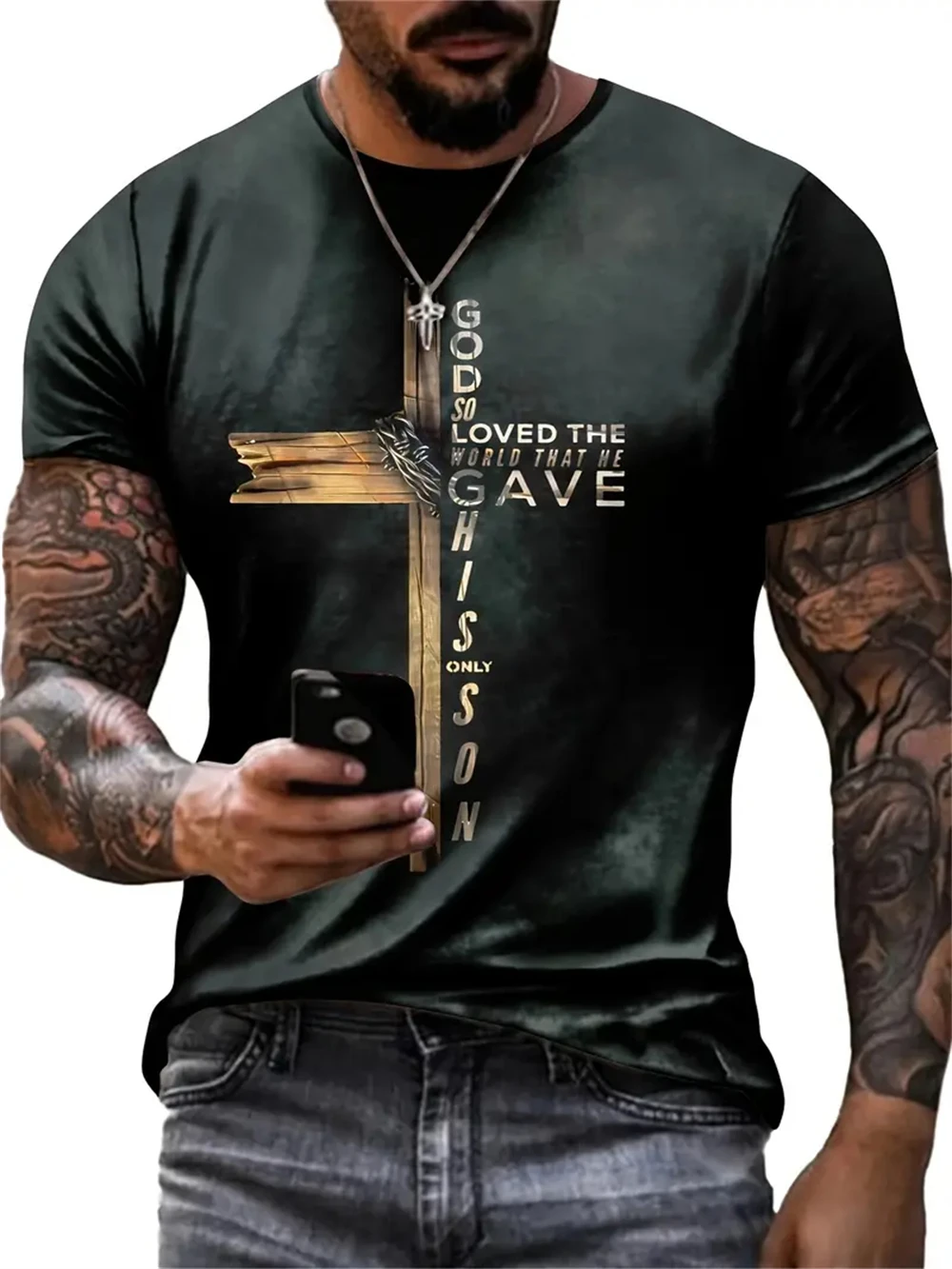 Christian Mens Clothing T Shirts Oversized T Shirt Gothic Jesus Christ Cross 3D Print O-Neck Tops Vintage Hip Hop Short Sleeve